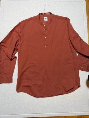Zara Men Rust Red Mandarin Collar Shirt XXL linen blend